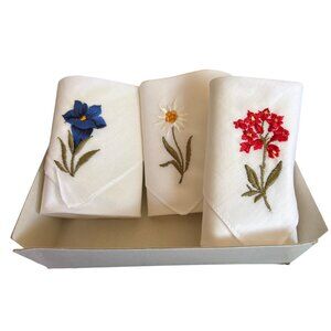 VINTAGE LADIE'S HANKIES SET/3 Swiss Handloom EMBROIDERY Original Box Cotton